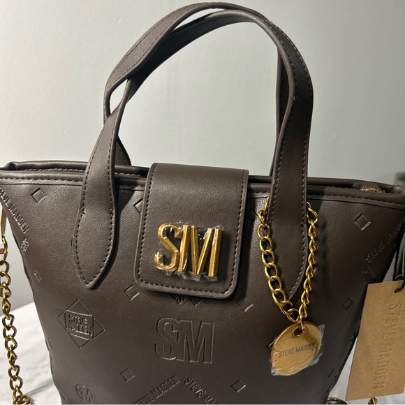 Steve Madden Satchel Bucket Bag Purse Brown Embossed Logo Chain Accent‎ - Picture 3 of 16